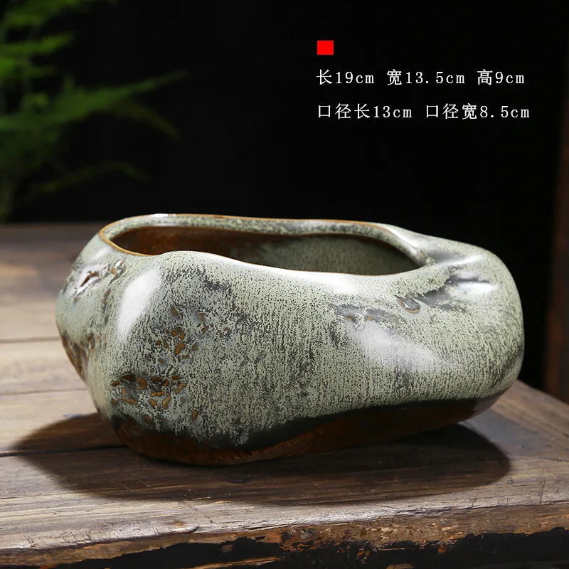 No-EN-Name-Null Indoor Glazed Gray-Green Ceramic Round Shaped Desktop Rustic Flower Pots Planters
