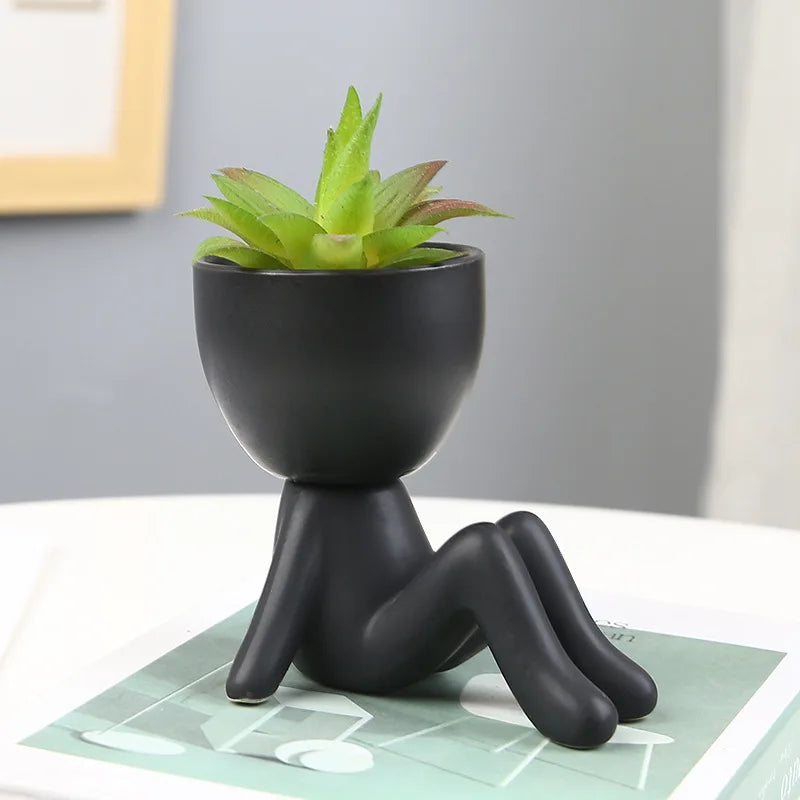 NATUREBELL Indoor European Mini Cute Cartoon Black-White Human Silhouette Shaped Succulent Desktop Flower Pots Planters
