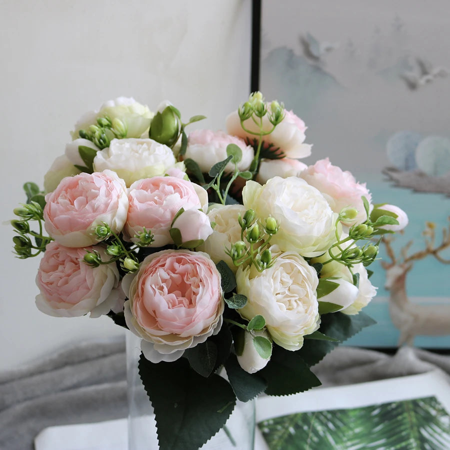 Artificial Floral Rosales Silk-Plastic-Wire Peony Rose Bouquets