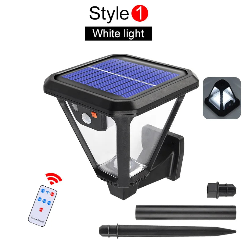 AMARYLLIS Outdoor Solar-Powered Warm-Cool White LED ART DECO Style Black Plastic Body Three Modes PIR Motion Sensor ON-OFF Two Install Ways Remote Control Waterproof Wall-Mounted-Ground Stake Landscape Pathway Lights/Colors-Black/White/Yellow