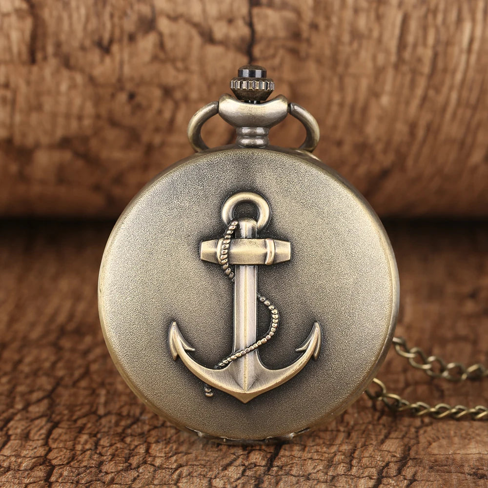 YISUYA Adults Waterproof Antique Japanese Quartz Bronze-Silver Metal Alloy Round Shaped Case 12 Hour Display Acrylic Face 3D Anchor-Rope Design Necklace Chain-Pocket Watches