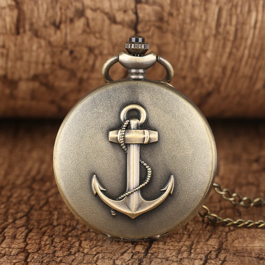 YISUYA Adults Waterproof Antique Japanese Quartz Bronze-Silver Metal Alloy Round Shaped Case 12 Hour Display Acrylic Face 3D Anchor-Rope Design Necklace Chain-Pocket Watches