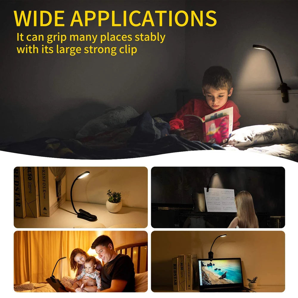 No-EN-Name-Null Mini Portable Warm-Cool White Seven LED Reading Light White-Black Rectangle Plastic Head Flexible Neck Micro USB Cable Built-In Rechargeable Lithium Battery 3-Level Brightness Strong Non-Slip Clamp-On Book Lights /Battery  Included