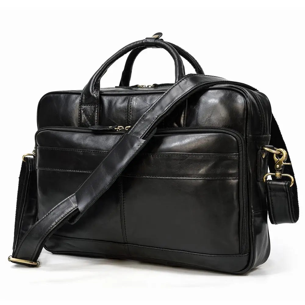 NEWSBIRDS Men Modern Rectangle Shaped Brown-Black Genuine Cowhide Leather Built-In 14-15.6 Inch Single Laptop Compartment Metal Zipper Two Handles-Detachable-Adjustable Shoulder Strap Briefcases