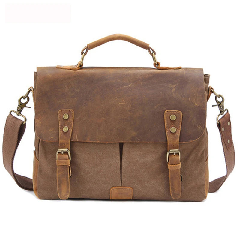 MUNUKI Men Vintage Convertible Thick Canvas Brown-Gray Cowhide Leather Soft Handle-Detachable Shoulder Strap Zipper-Hasp Cotton Lining 14 Inch Laptop Single Compartment External Pockets Business Briefcases/Colors-Gray/Brown