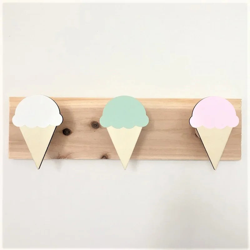 Girls Wood Cartoon Animal Rabbits-Ice Cream-Fairies 3 Hooks Wall Mounted Coat Rack