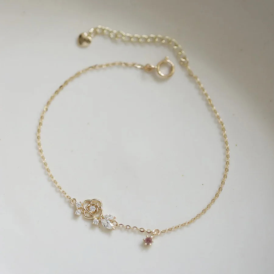 OBEAR Adult Women Korea Zircon Stone Hollow Out Floral Flower Design Non-Allergenic Sterling Silver 14K Gold-Plated Beaded Fine Charm Bracelets