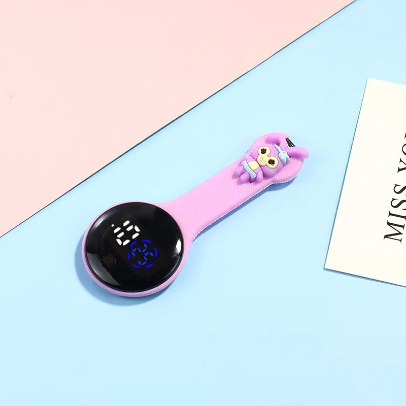 MINISO Adult Women Digital Display Plastic Round Case Cute Cartoon Anime Characters Nurse-Doctor Silicone Covered LED Light Fob On Back Metal Hook Pocket Watches/Colors-Pink/Light Pink/Yellow/White/Black/Purple/Green