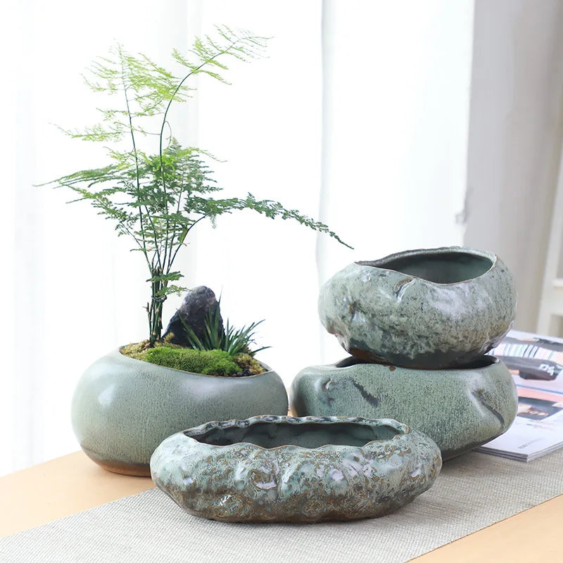 No-EN-Name-Null Indoor Glazed Gray-Green Ceramic Round Shaped Desktop Rustic Flower Pots Planters