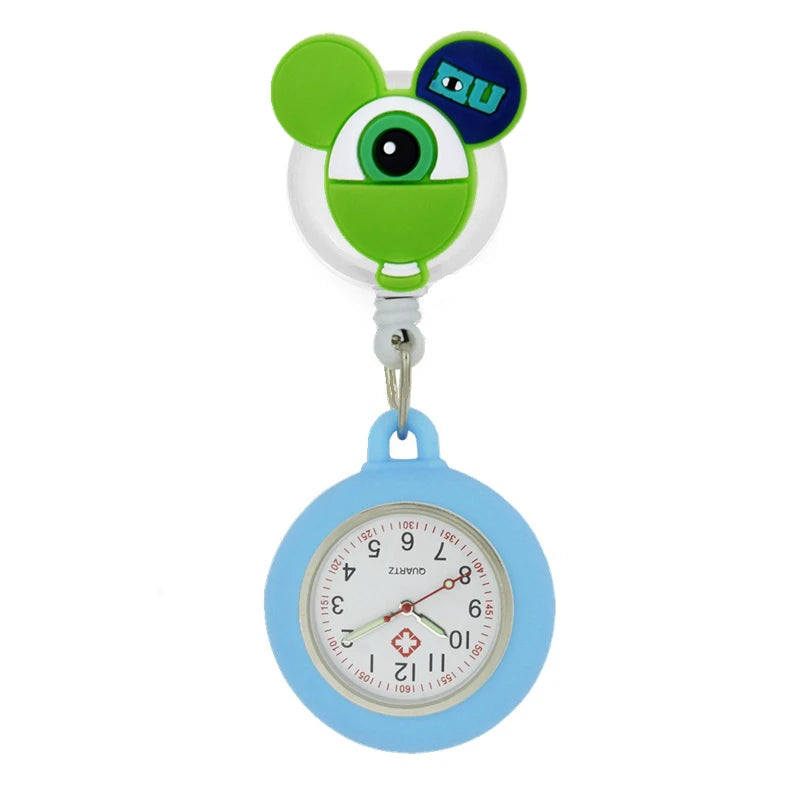 No-EN-Name-Null Adults Waterproof Glass Face Yellow Silicone Cover Round Shaped Metal Alloy Case Quartz Analog-Digital Display Cartoon Mickey Mouse Head Design Retractable Badge Reel-Fob Pocket Watches/Colors-Pink/Light Blue/Neon Pink/Dark Blue/Yellow