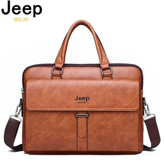 JEEP BULUO Men Faux Leather Shoulder Straps-Handle Briefcase Polyester Bags/For 14 Inch Laptop/Pockets/Laptop Compartment/Colors-Brown/Black