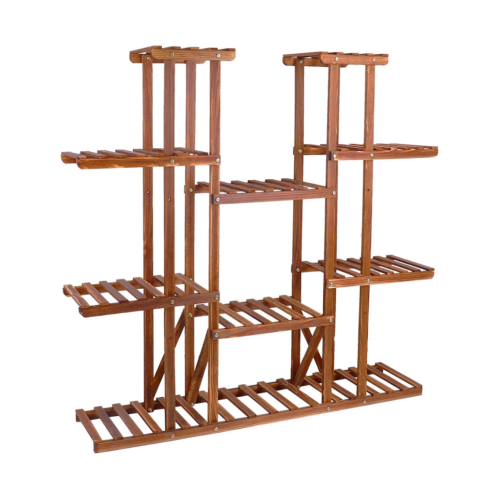 BINGOPAW Brown Pine Wood 9 Multi-Functional Tier Shelves Metal Screws Flower-Plant Stands /Dimension: 116 x 115cm/ 46x45in