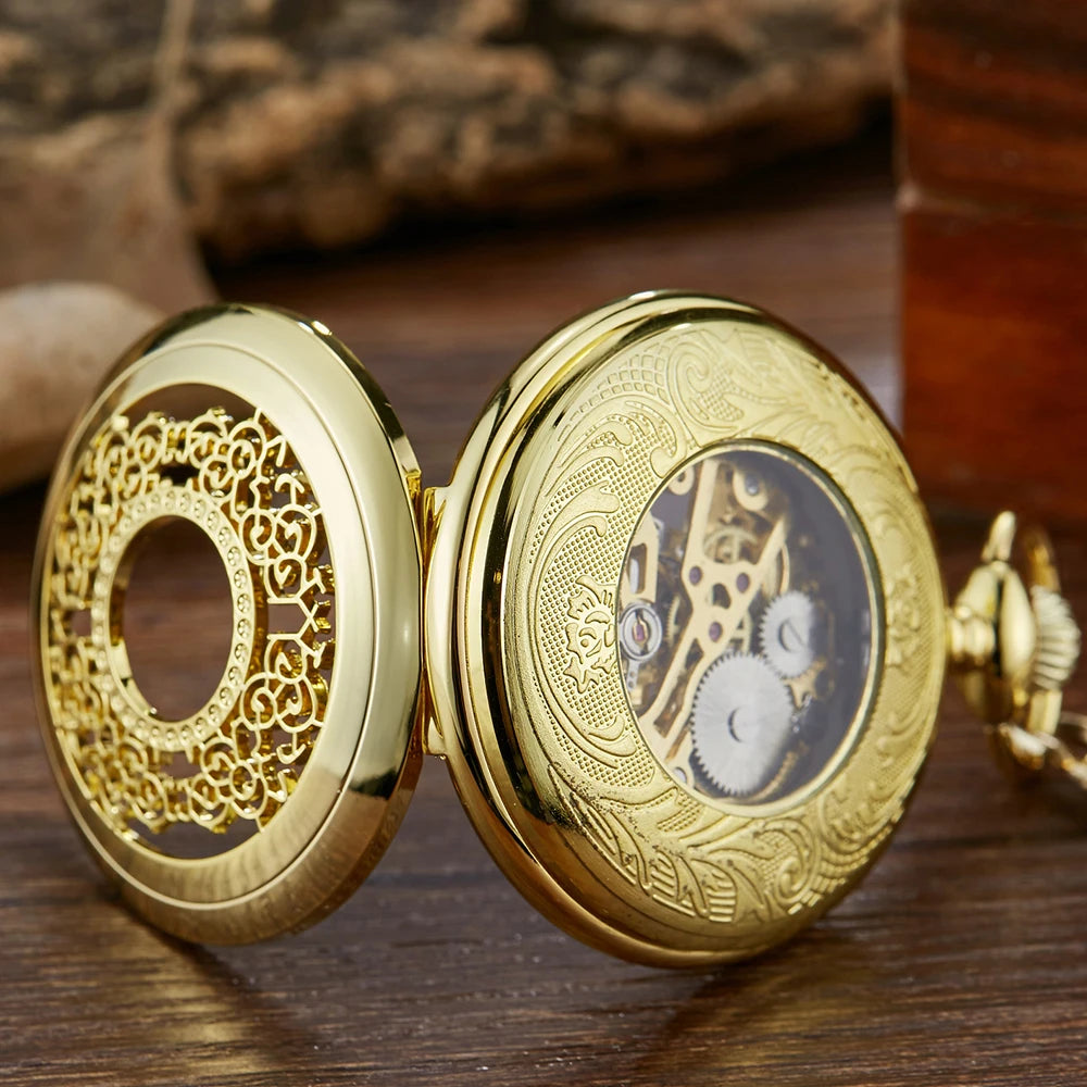 GORBEN Antique Flip-Out Black-Gold Round Shaped Stainless Steel Metal Analog Display Glass Window Mechanical Face Hand Winding Hollow-Out Case Chain-Pocket Watches/With Box-Without Box