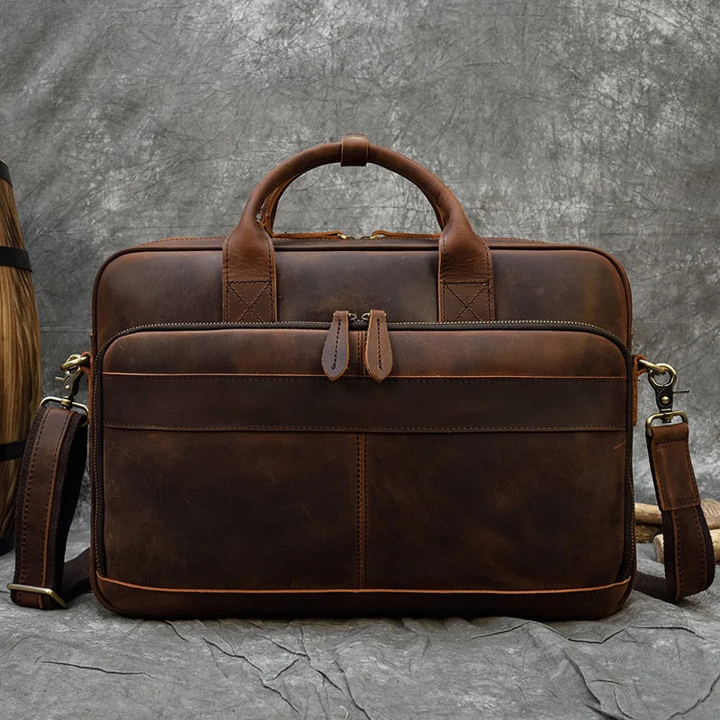 NEWSBIRDS Men Modern Rectangle Shaped Brown-Black Genuine Cowhide Leather Built-In 14-15.6 Inch Single Laptop Compartment Metal Zipper Two Handles-Detachable-Adjustable Shoulder Strap Briefcases