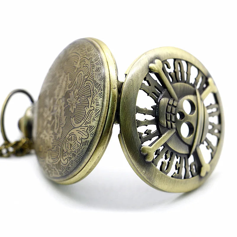SHUHANG Adults Antique Quartz Analog Display Round Bronze-Silver Stainless Steel Metal Case Plastic Face Japanese Cartoon Pirate Hat-Skull-Crossbones-One Piece Film Gold Theme Sweater Chain-Pocket Watches