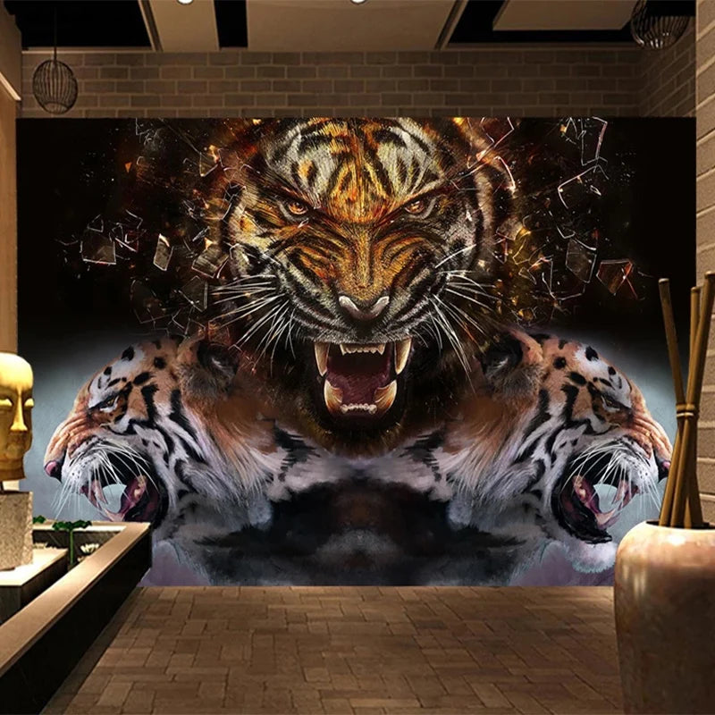 Kids Custom Any Size Waterproof Canvas Peel-N-Stick Plastic Removable 3D Tiger Heads Roaring Silk Cloth Wallpaper
