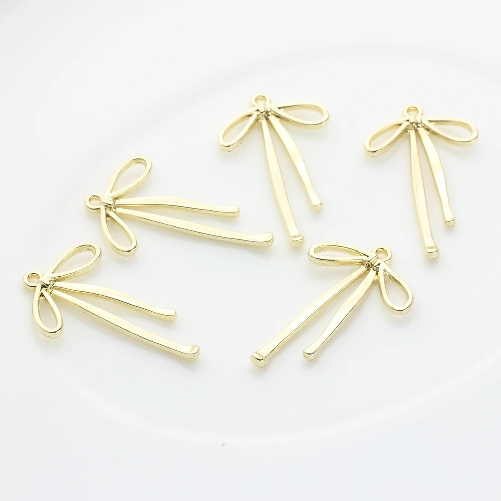 MIZUKAGAMI Adults Fine Imitation DIY Charm Base 6 PCS Bag Of Gold-Plated Brown Metal Alloy Classic Long Hollow Bow Charms-Pendants