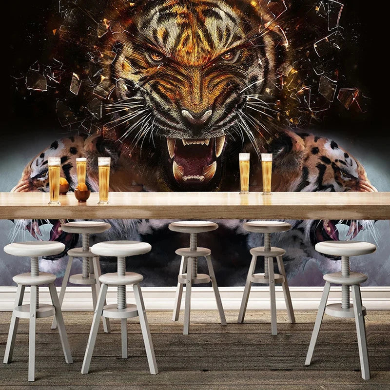 Kids Custom Any Size Waterproof Canvas Peel-N-Stick Plastic Removable 3D Tiger Heads Roaring Silk Cloth Wallpaper