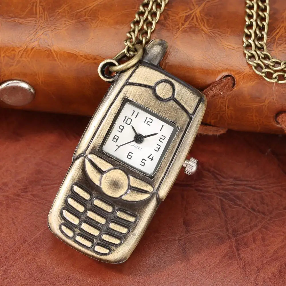 YISUYA Unisex Adults Quartz Small Bronze-White Face Mobile Cell Phone Shaped Stainless Steel Metal Case Acrylic Face 12-Hour Dial Analog Display Pendant Necklace Chain-Pocket Watches