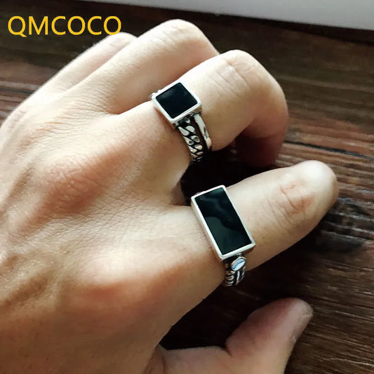 QMCOCO Adult Women Metal Rectangle Flat Silver-Black Stone Design Adjustable Wedding Bands Imitation Round Rings