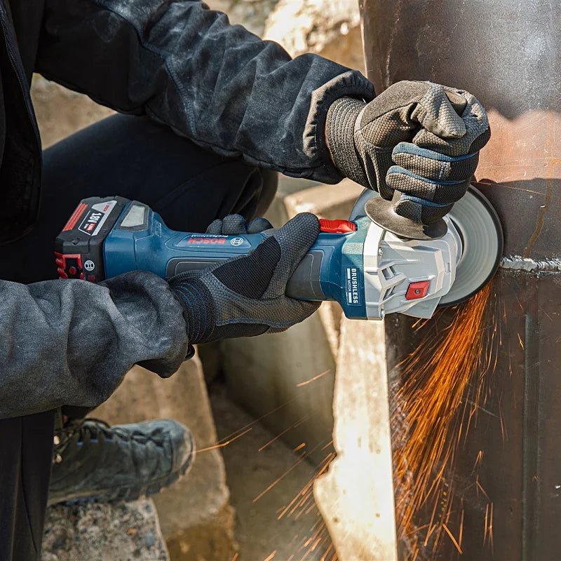 BOSCH Professional Grade Handheld Battery-Powered Blue-Gray-Black Body Silver Safety Guard 18V GWS 180-LI Model Cordless Rechargeable Brushless Portable Angle Grinders