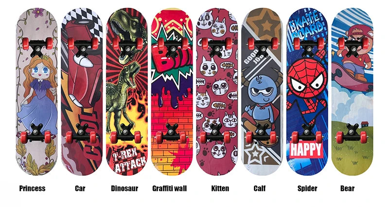 PENGGUE Kids Outdoor Double-Sided Cartoon Dinosaur-Spiderman Longboard Marple Wood-Nylon PVC-Metal  Double Rocker Skateboards/Ages: 2-8 Years Old /Colors-Blue/Black/Red/Multicolor/Animal/Plastic Wheels