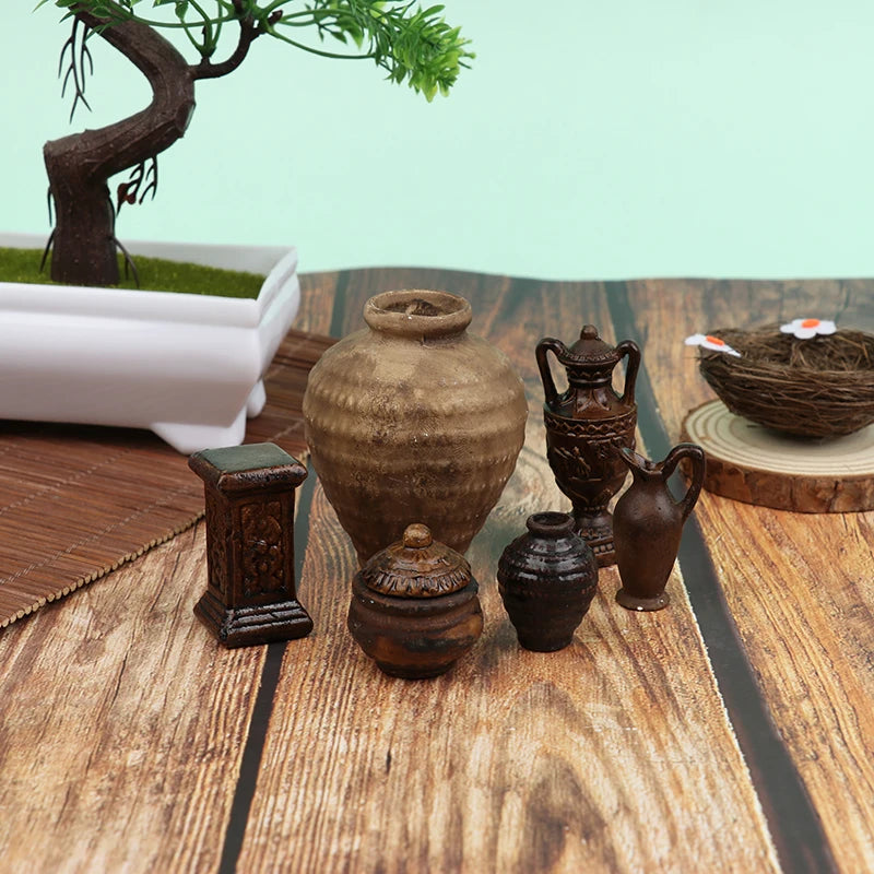No-EN-Name-Null Kids Mini Brown-Beige Dollhouse Porcelain Ceramic Floral Flower Pots Dollhouse Accessories /Ages: 3-12 Years Old