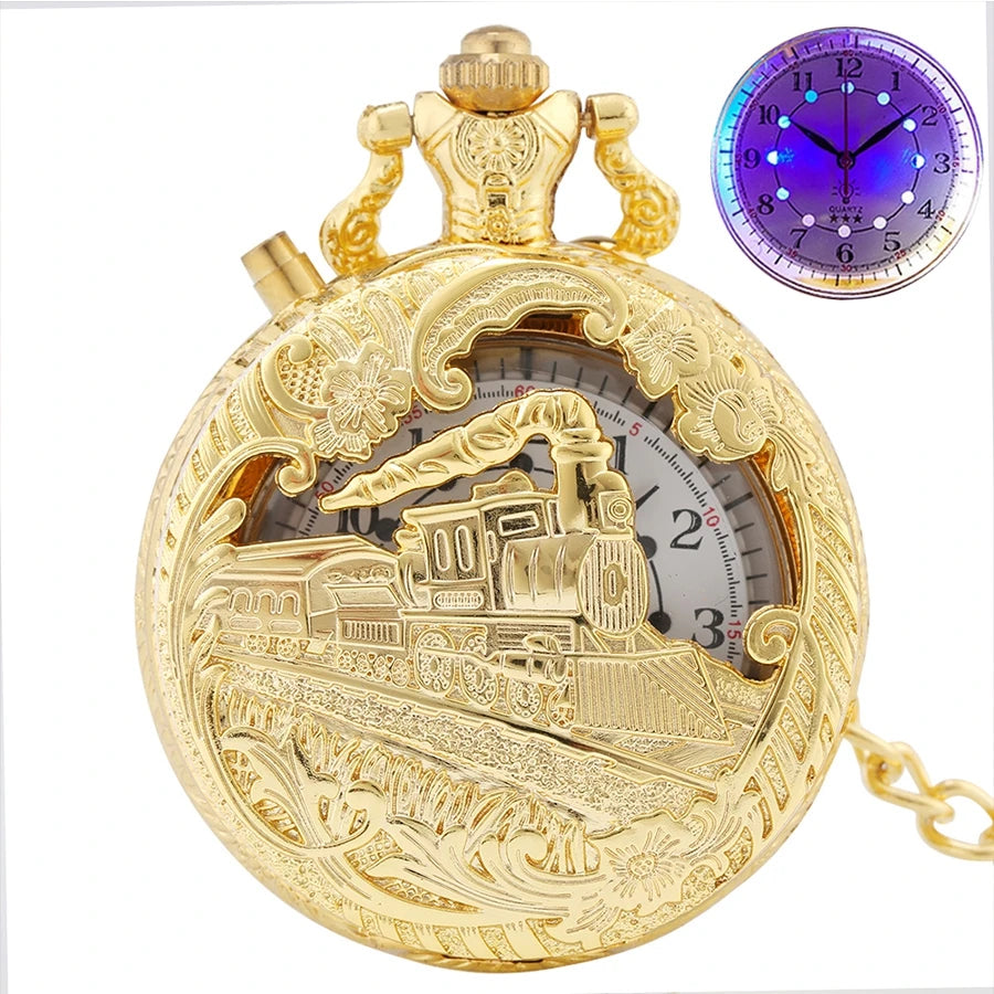 YISUYA Adults Antique Japanese Quartz Analog Display Acrylic Face Round Shaped Metal Alloy Case Hollow-Out Engraved Locomotive Train Floral Front Design Luminous LED Light Gold Chain-Pocket Watches /Colors-Gold/Bronze/Silver