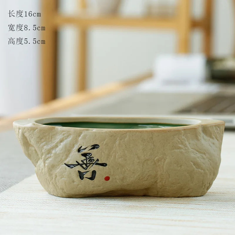 Home Garden Round Glazed Ceramic Beige-Green Color Black Chinese Writing Design Non-Porous Perforated Desktop Flower Pots