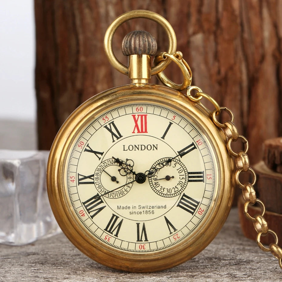 YISUYA Adults Antique Copper Color Round Shaped Acrylic Glass Face Hand Winding Stainless Steel Metal Case Skeleton Dial Roman Numeral London 1856-5 Hands Mechanical Chain-Pocket Watches