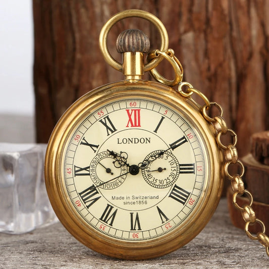 YISUYA Adults Antique Copper Color Round Shaped Acrylic Glass Face Hand Winding Stainless Steel Metal Case Skeleton Dial Roman Numeral London 1856-5 Hands Mechanical Chain-Pocket Watches