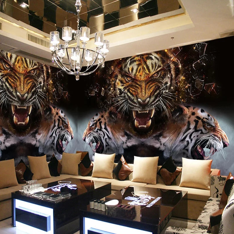 Kids Custom Any Size Waterproof Canvas Peel-N-Stick Plastic Removable 3D Tiger Heads Roaring Silk Cloth Wallpaper