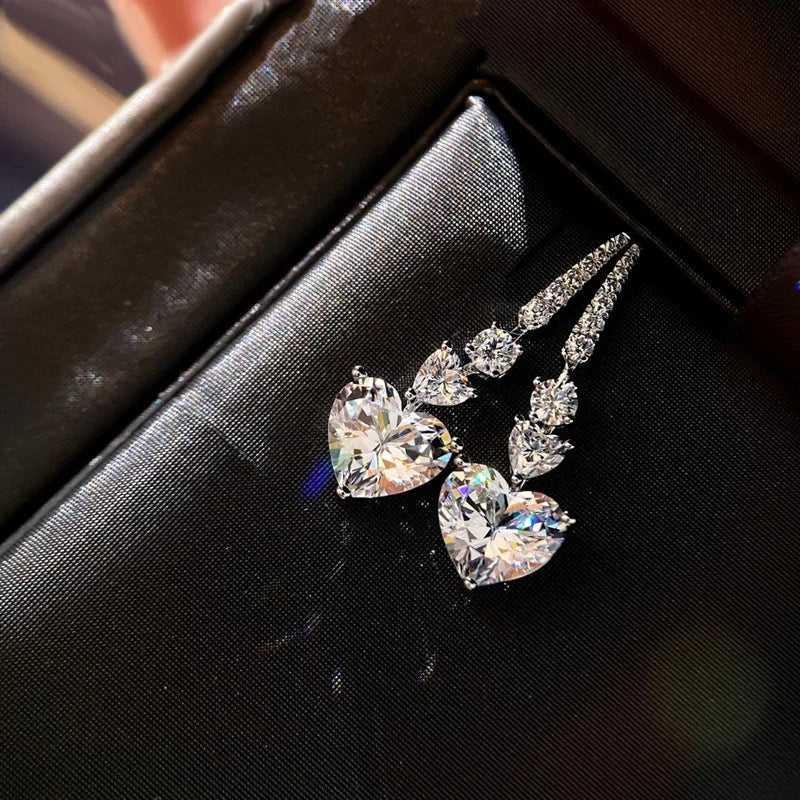 VECALON 2 PCS Adult Women Fine Sterling Silver-Plated Metal Shiny Clear Heart Shaped Zircon Stone Long Dangle Water Drop Earrings-Sterling Sliver-Plated Zircon Stone Heart Shaped Necklace Jewelry Sets
