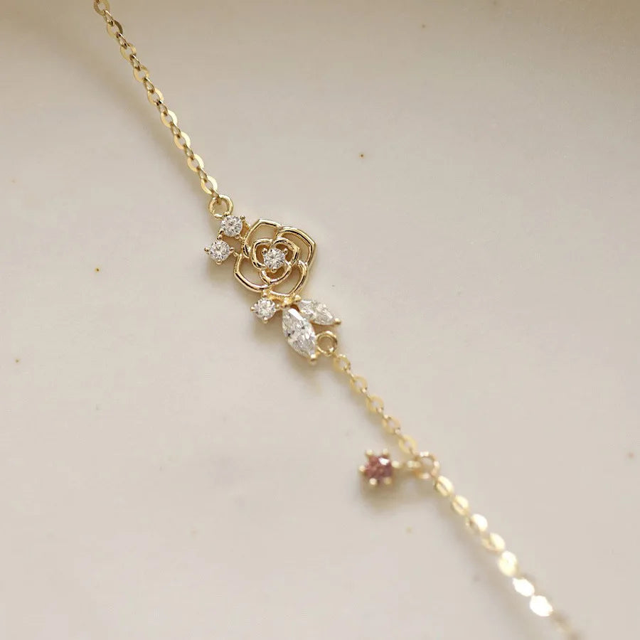 OBEAR Adult Women Korea Zircon Stone Hollow Out Floral Flower Design Non-Allergenic Sterling Silver 14K Gold-Plated Beaded Fine Charm Bracelets