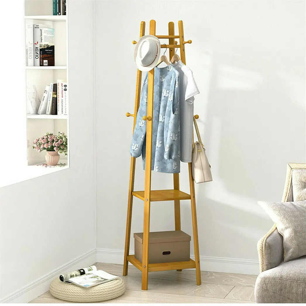 BINGOPAW Modern Free-Standing Brown-Beige Bamboo Wood Two Shelves Eight Hooks Cloths-Coat Garment Racks/ Colors-Brown/Beige