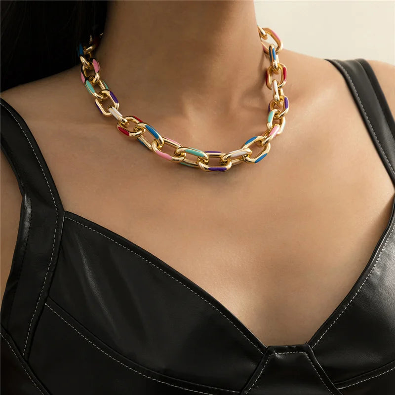 INGEMARK Adult Women Imitation Gold-Silver-White Round Aluminum Metal Punk Hip-Hop-Rock Chunky Thick Link Chain Mood Tracker Choker Lock Pendant Necklaces