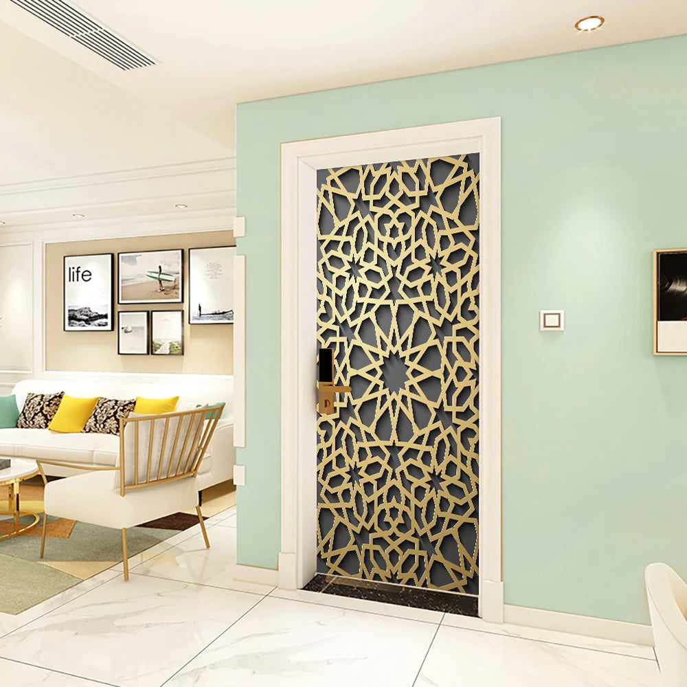 SENUAL BEE Indoor 2 PCS Home Modern Creative Waterproof No Fading Geometric Gold Muslim Eid al-Fitr Spirituality Mural Self-Adhesive Removable Plastic-Vinyl 3D Iron Door-Wall Home Decor Decals