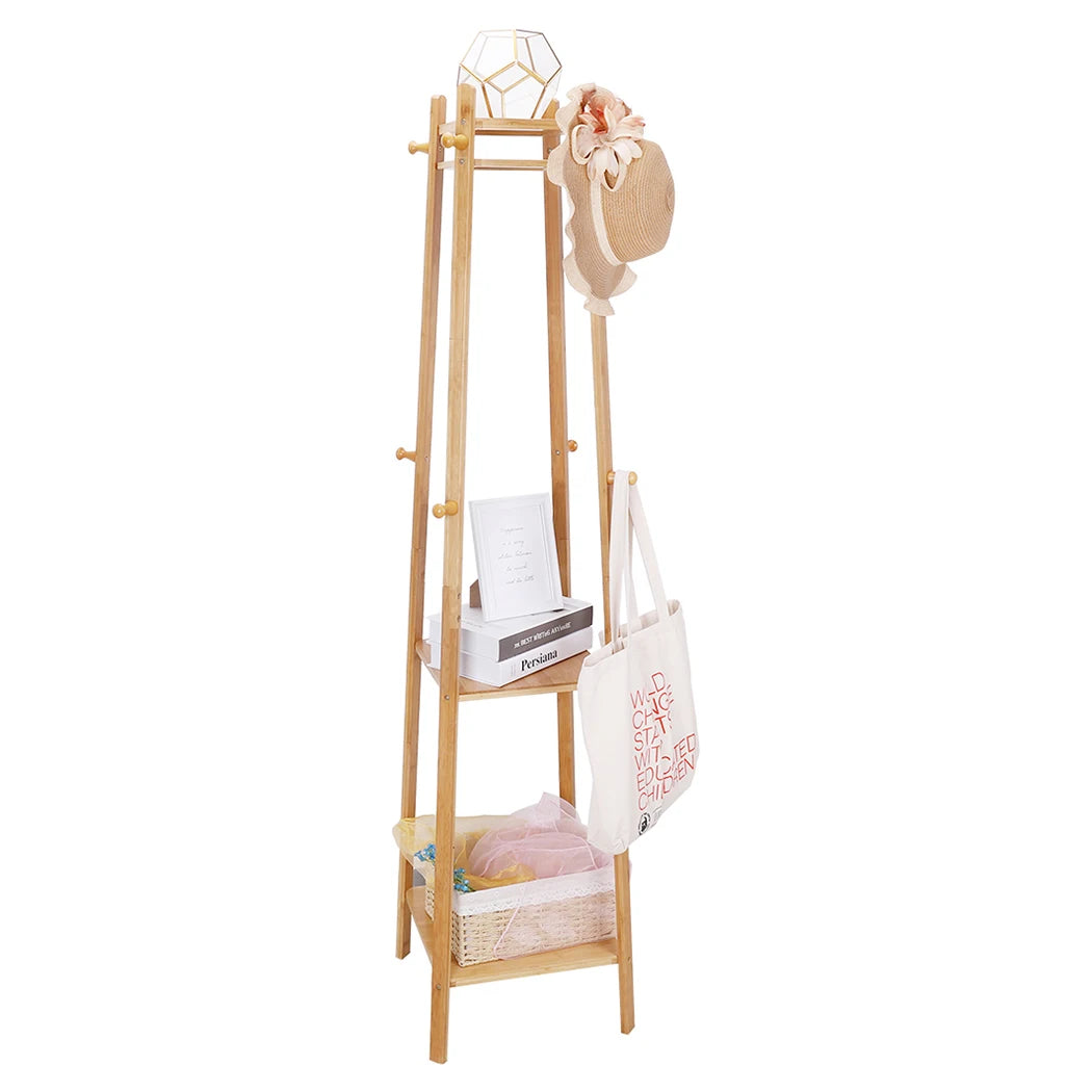 BINGOPAW Modern Free-Standing Brown-Beige Bamboo Wood Two Shelves Eight Hooks Cloths-Coat Garment Racks/ Colors-Brown/Beige