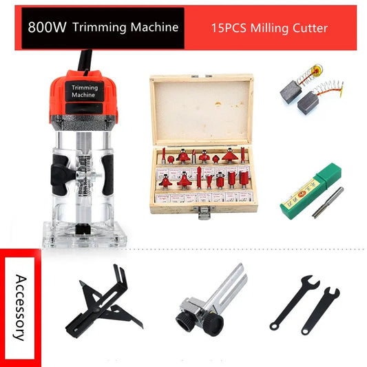 AZIYUHEA Woodworking 15 PCS Milling Cutters Red-Silver-Clear Plastic-Black Body 220V Aluminum Metal 800W Power Input Electric Trimming Router Accessories/Colors-Multicolor/Red/Silver/Clear/Black