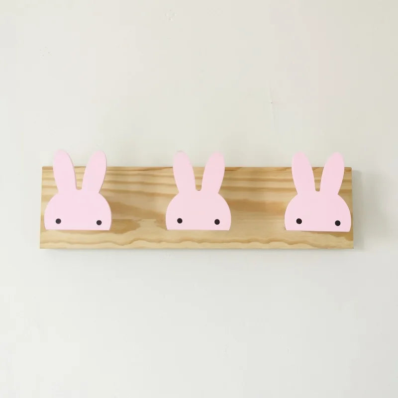 Girls Wood Cartoon Animal Rabbits-Ice Cream-Fairies 3 Hooks Wall Mounted Coat Rack