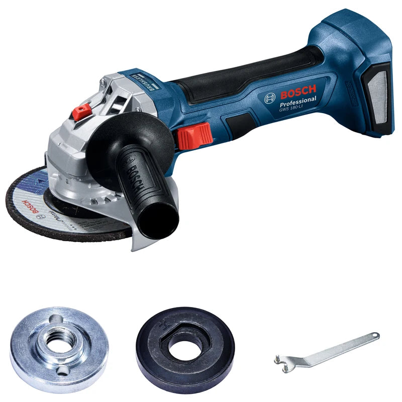 BOSCH Professional Grade Handheld Battery-Powered Blue-Gray-Black Body Silver Safety Guard 18V GWS 180-LI Model Cordless Rechargeable Brushless Portable Angle Grinders