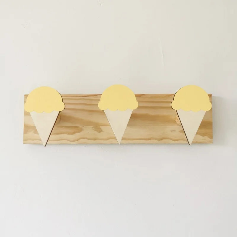 Girls Wood Cartoon Animal Rabbits-Ice Cream-Fairies 3 Hooks Wall Mounted Coat Rack