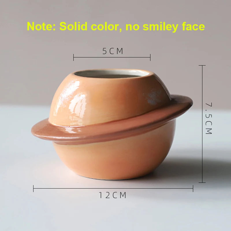 No-EN-Name-Null Glazed Mini Brown Porcelain Ceramic Succulent Round Mouth Creative Cute Cartoon Smiling Eyes-Nose Saturn Planet Shaped Desktop Flowerpots Planters /Colors-Dots/Beige/White/Blue/Brown/Multicolor