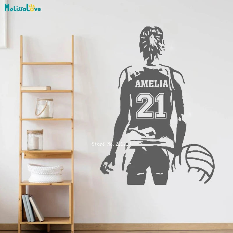MELISSALOVE Custom Personalized Name Multicolor Girls Sports Silhouette Of A Teen Girl-Boys Volleyball Player Holding A Volleyball Die-Cut Vinyl Self-Adhesive Decals/Colors-Black/Green/Multicolor