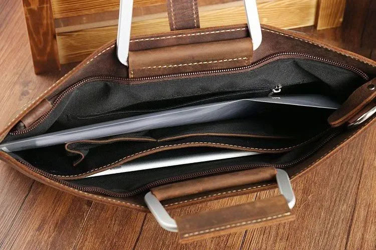 NEWSBIRDS Adult Unisex Modern Two Handles-One Shoulder Strap Rectangle Brown-Black Cowhide Leather Metal Zipper Polyester Lining A4 File Documents Built-In 14 Inch Laptop Single Compartment Business Handbags