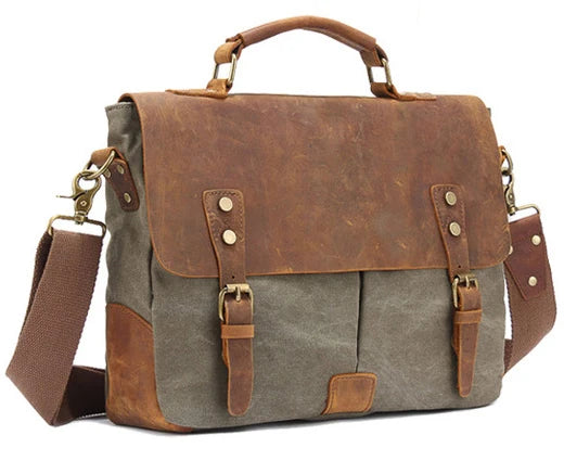 MUNUKI Men Vintage Convertible Thick Canvas Brown-Gray Cowhide Leather Soft Handle-Detachable Shoulder Strap Zipper-Hasp Cotton Lining 14 Inch Laptop Single Compartment External Pockets Business Briefcases/Colors-Gray/Brown