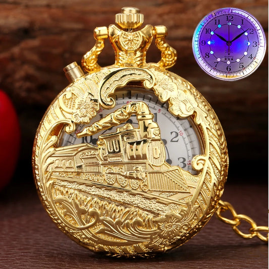YISUYA Adults Antique Japanese Quartz Analog Display Acrylic Face Round Shaped Metal Alloy Case Hollow-Out Engraved Locomotive Train Floral Front Design Luminous LED Light Gold Chain-Pocket Watches /Colors-Gold/Bronze/Silver