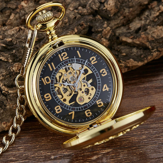 GORBEN Antique Flip-Out Black-Gold Round Shaped Stainless Steel Metal Analog Display Glass Window Mechanical Face Hand Winding Hollow-Out Case Chain-Pocket Watches/With Box-Without Box