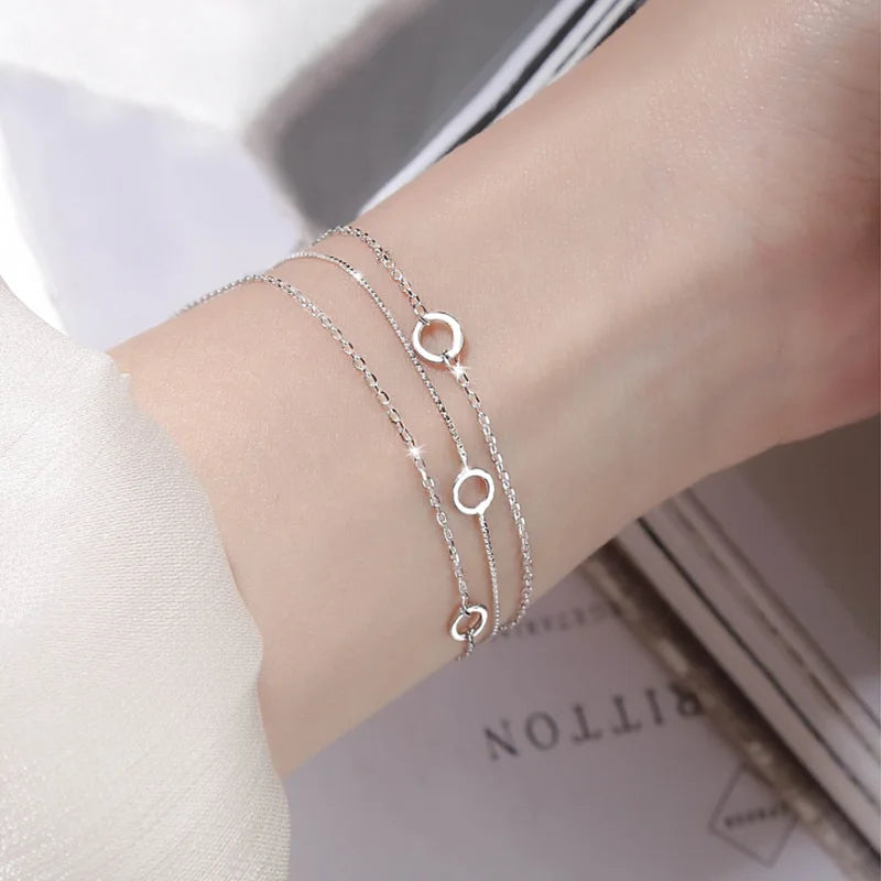 VENTFILLE Adult Women Fine Imitation Sterling Silver-Plated Metal Three-Layers Round O Rings Shaped Chain Charms Bracelets