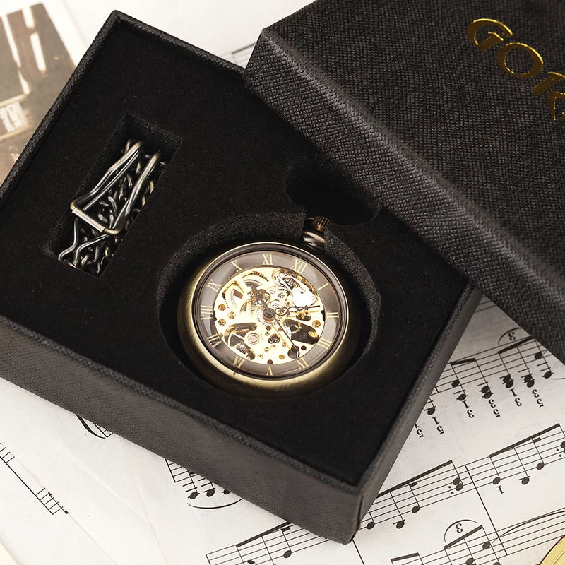 GORBEN Adults Analog Display Retro Silver-Bronze Round Roman Numeral Hand Winding Acrylic Face Stainless Steel Metal Japanese Polygon Mechanical Steampunk Skeleton Dial Pendant Chain-Pocket Watches/Gift Box Optional